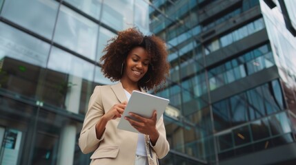 Portrait of young successful businesswoman with tablet computer in hand