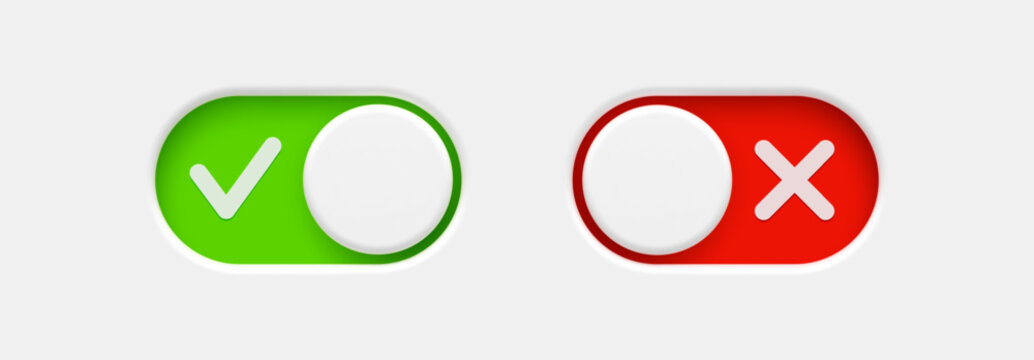 On and Off toggle switch buttons with check mark and cross signs. Material design switch  buttons set. Vector illustration.