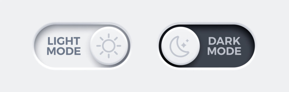 On and Off toggle switch buttons. Day and night mode switch button. Dark mode, light mode. Material design switch buttons set. Vector illustration.