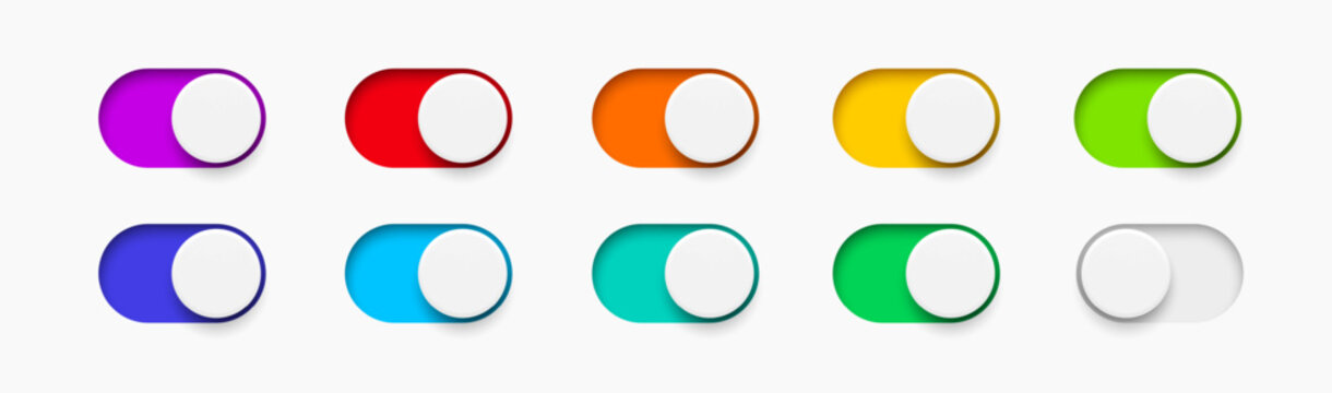 On and Off toggle switch buttons. Material design multicolored switch  buttons set. Vector illustration.