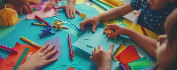 Kids making handmade cards for World Card Making Day, October 3rd, colorful papers and creativity, 4K hyperrealistic photo.