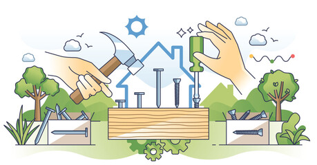 Handyman profession with carpenter work skills outline hands concept. Professional repairman for real estate construction, maintenance, fix or renovation vector illustration. Wooden nails or screws.