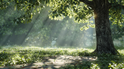 Obraz premium Sunny park scene with large tree and dappled sunlight