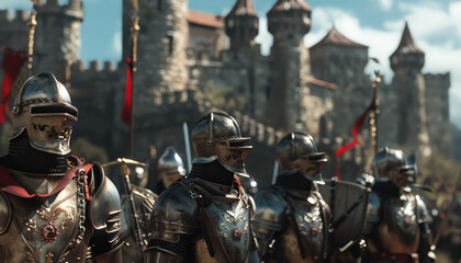 A group of knights are standing in a line, each holding a sword