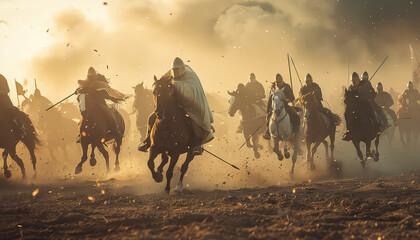 A group of knights are riding horses and fighting in a battle