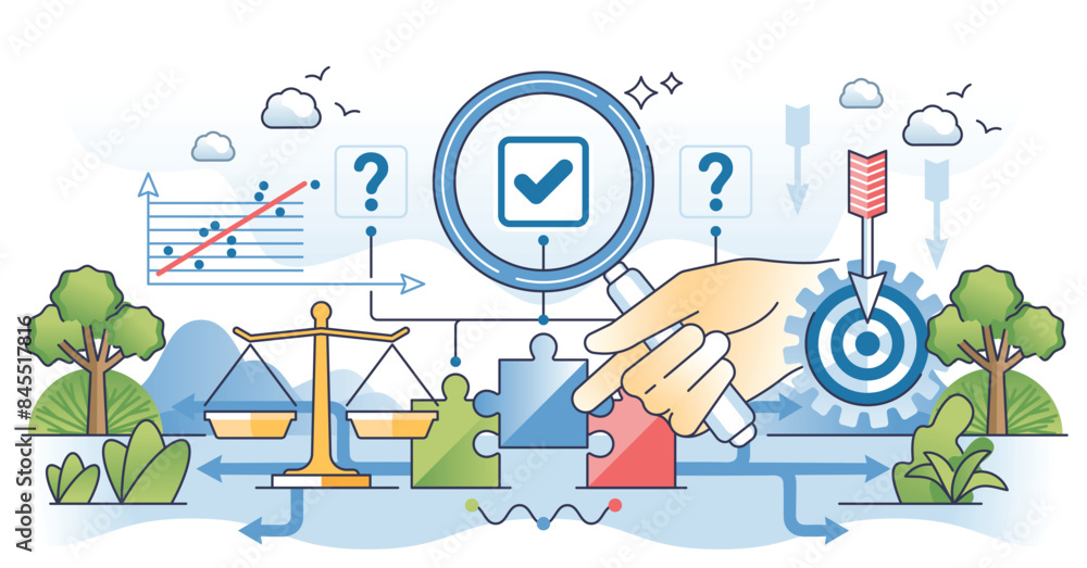 Poster decision making process with information analyzing outline hands concept. business strategy and choi