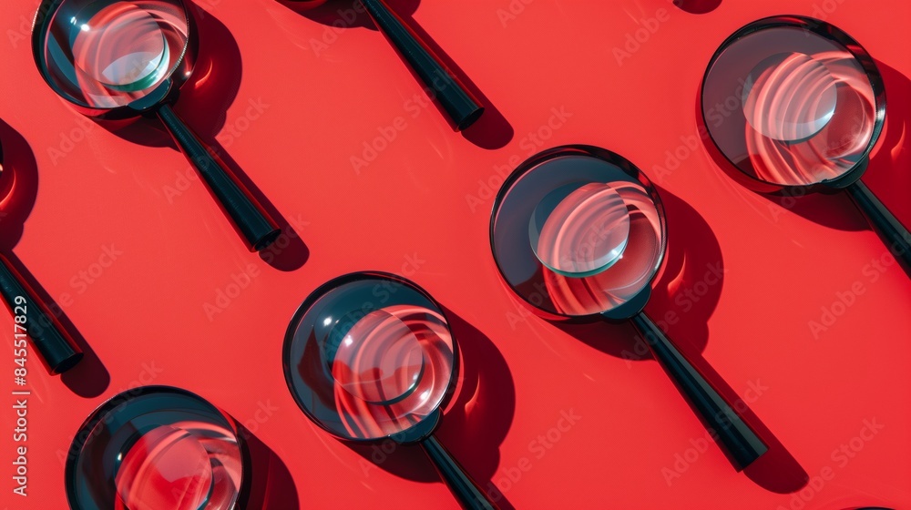 Poster gleaming black magnifying glasses arranged in an aesthetically pleasing pattern on a red background.
