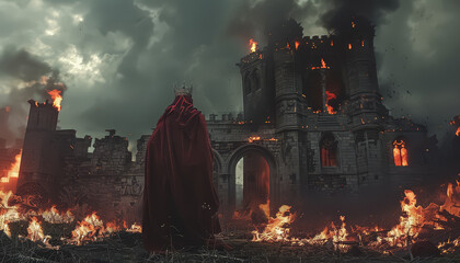 A man in a red cape stands in front of a burning castle