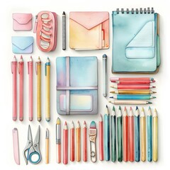 Naklejka premium A watercolor illustration of a stationery set arranged in a pleasing layout on a white background. This set includes items such as notebooks, pencils, erasers, and a pair of scissors all painted in
