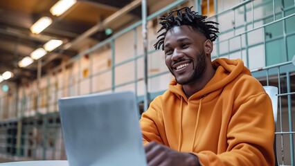 Fototapeta premium A man in an orange hoodie is smiling while working on a laptop in a warehouse with storage racks, representing a modern and efficient workspace environment