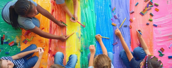 Kids drawing for National Coming Out Day, October 11th, creating rainbow-themed art, 4K hyperrealistic photo.