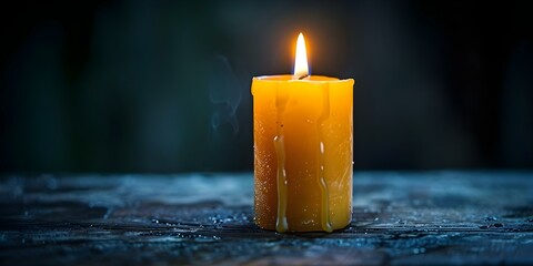 Candle on dark table as a symbol of mourning and remembrance in a condolence card. Concept Condolence Card, Mourning Symbol, Remembrance Candle, Dark Table Setting