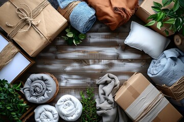 Obraz premium A flat lay of gifts, towels, and greenery on a rustic wooden background. Perfect for a cozy and inviting home decor image.