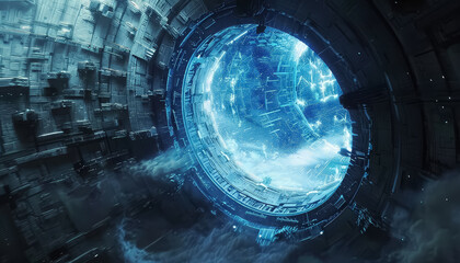 A blue tunnel with a globe in the middle