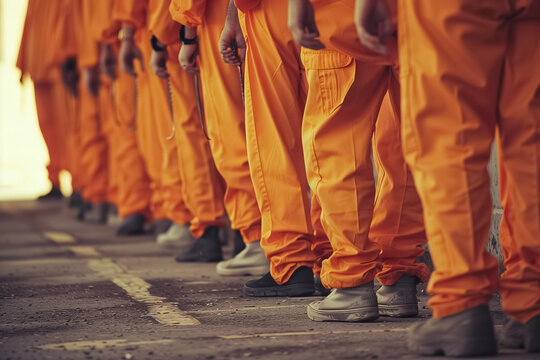 A row of incarcerated individuals in matching orange attire, focusing on their lower body. The scene depicts a disciplined and orderly formation on a paved surface