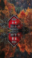 Fototapeta premium Serene Autumn Reflections: Tranquil Lake in Sweden with Vibrant Fall Colors