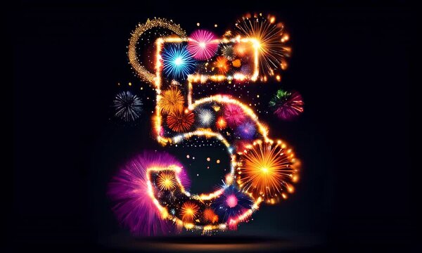 The number 5 illuminated by vibrant, multicolored fireworks against a dark background