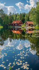 Fototapeta premium Serene Swedish Lake Landscape with Red Cottages among Forests and Clouds