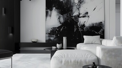 Modern Monochrome A sleek, monochromatic living room with black, white, and gray tones. Minimalist furniture and abstract art.