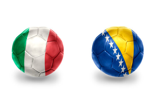 football balls with national flags of bosnia and herzegovina and italy ,soccer teams. on the white background.