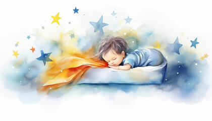 A little boy is sleeping in bed with a star next to him