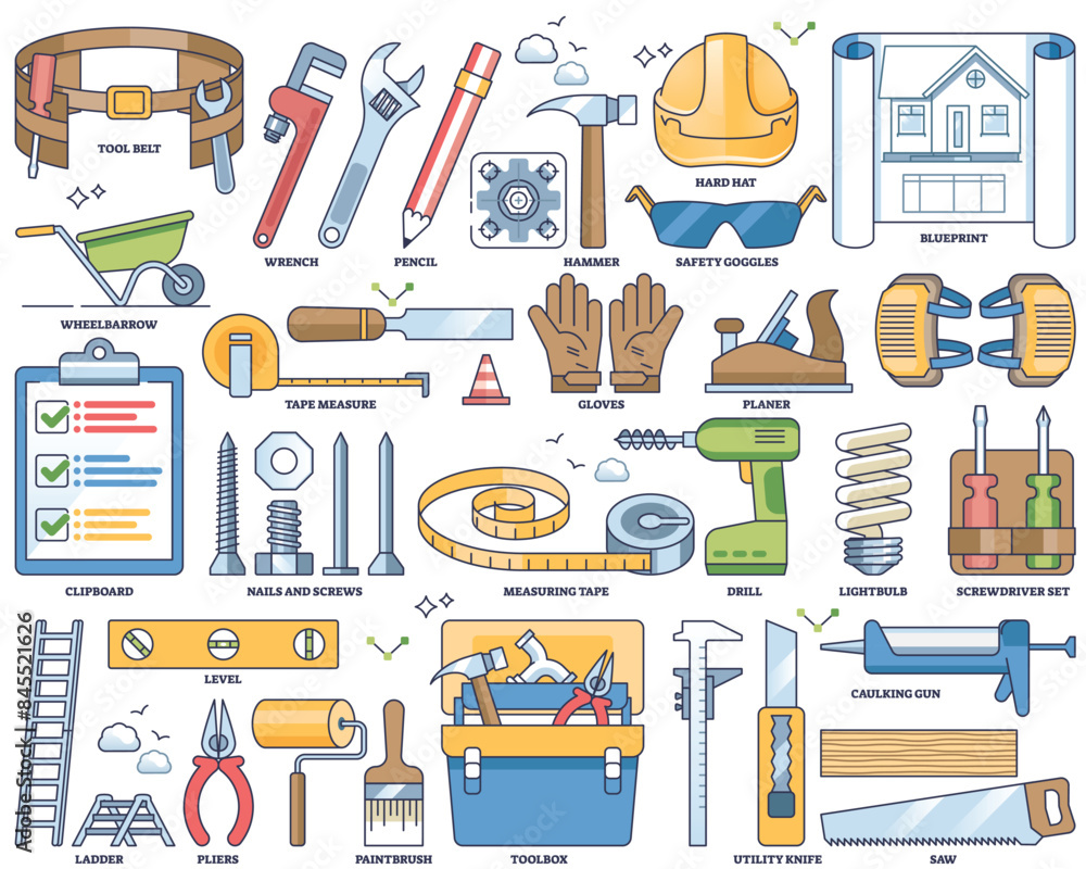 Wall mural Handyman tools and professional repair work equipment outline collection set. Labeled elements with home renovation contractor, maintenance or construction task accessories vector illustration.