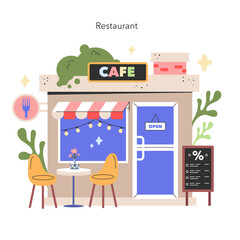 Charming Cafe scene A welcoming restaurant facade with a quaint seating area invites customers to savor moments under the gentle glow of fairy lights Vector illustration