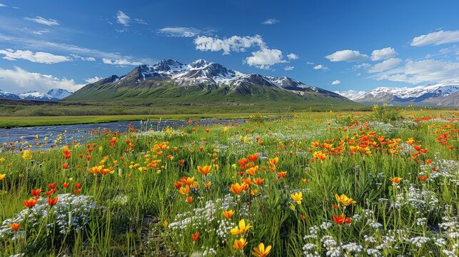Serene Alaskan Meadow in Spring with Wildflowers and Snow-Capped Mountains - Minimalist Landscape of Peaceful Natural Beauty