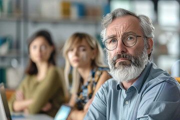 The image captures an office meeting with a senior man and two young women, highlighting teamwork and collaboration among colleagues in a professional workspace