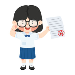 Kid girl student happy because get good grade from exam