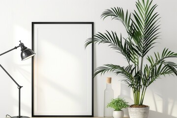 Horizontal Metal Frame Poster Mock Up with Plant in Vase and Lamp on White Wall Background