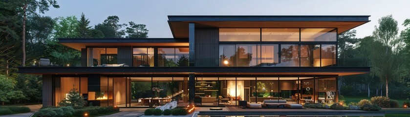 Obraz premium Contemporary Glass House, Large windows in forest setting at dusk, Modern Architecture.