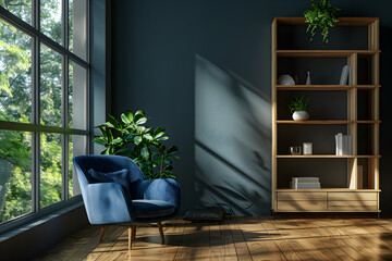 blue barrel chair against the window and wooden shelving