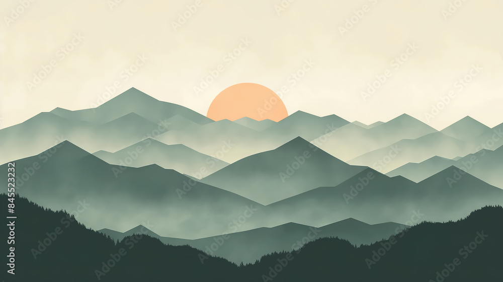 Poster llustration of green mountains in the style of simple flat shapes with a minimalistic, light grey ba