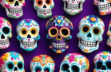 Mexican Day of the dead concept skull shaped cookies with colorful decorations, top view