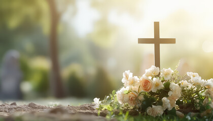 A cemetery with a cross and a casket with flowers on top