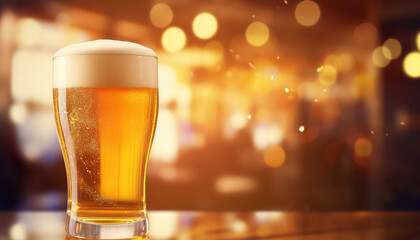 A glass of beer is sitting on a bar counter