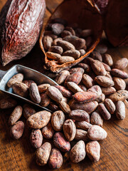 Close-up of brown cocoa beans and dry cacao pod  on a vintage wooden table.