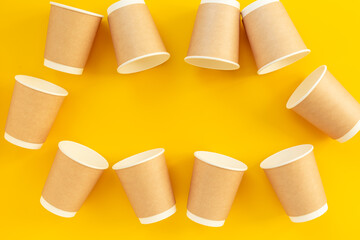 Disposable paper coffee cups, top view. Eco-friendly zero waste products