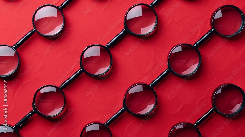 Poster gleaming black magnifying glasses arranged in an aesthetically pleasing pattern on a red background.