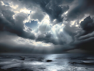 a dramatic sky with dark clouds and rays of sunlight shining through, creating a silhouette of a wave crashing onto a rocky beach.