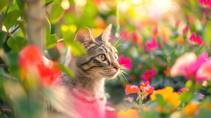 A summer vacation photo of a cat in a colorful garden