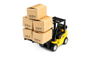 Yellow forklift truck with many boxes isolated on white background