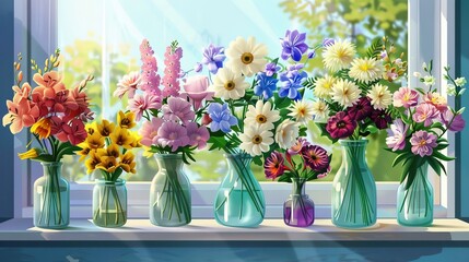 "Stock illustration showcasing various flower arrangements and decorations suitable for both home and office settings, adding a touch of elegance and freshness to any environment."