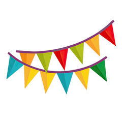 An illustration of colorful triangular party flags decorated with purple string. The flags are isolated on a white background. Generative AI