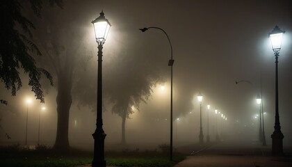 street lamp in the fog at night
