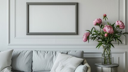 "Stock photo depicting a home interior featuring decor elements including a gray frame and a vase of dark green peonies, enhancing the interior ambiance."