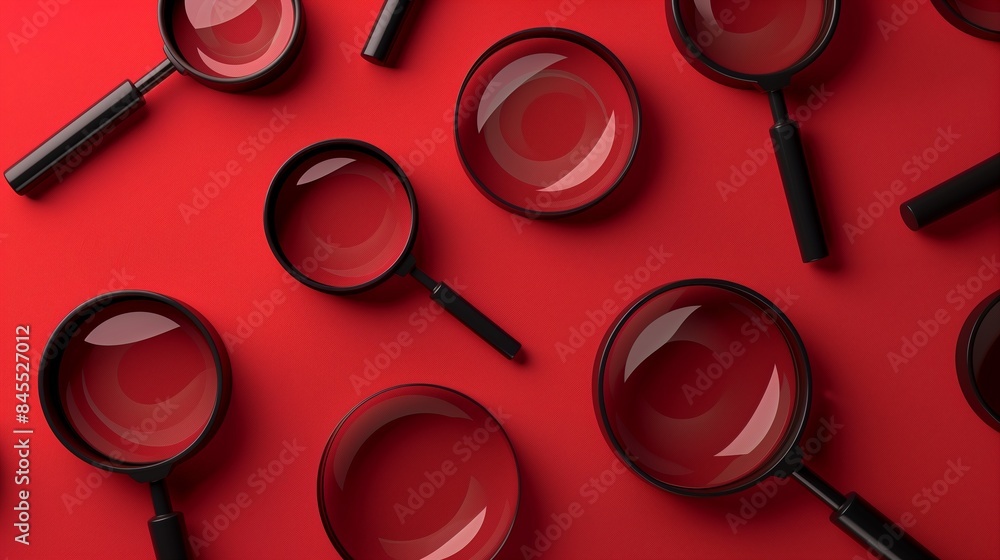 Poster gleaming black magnifying glasses arranged in an aesthetically pleasing pattern on a red background.