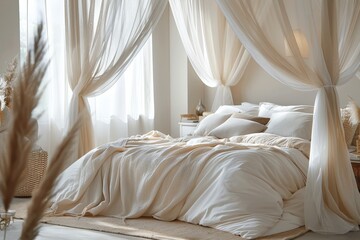 Serene Bedroom Retreat with Canopy Bed and Soft Drapes for Restful Sleep