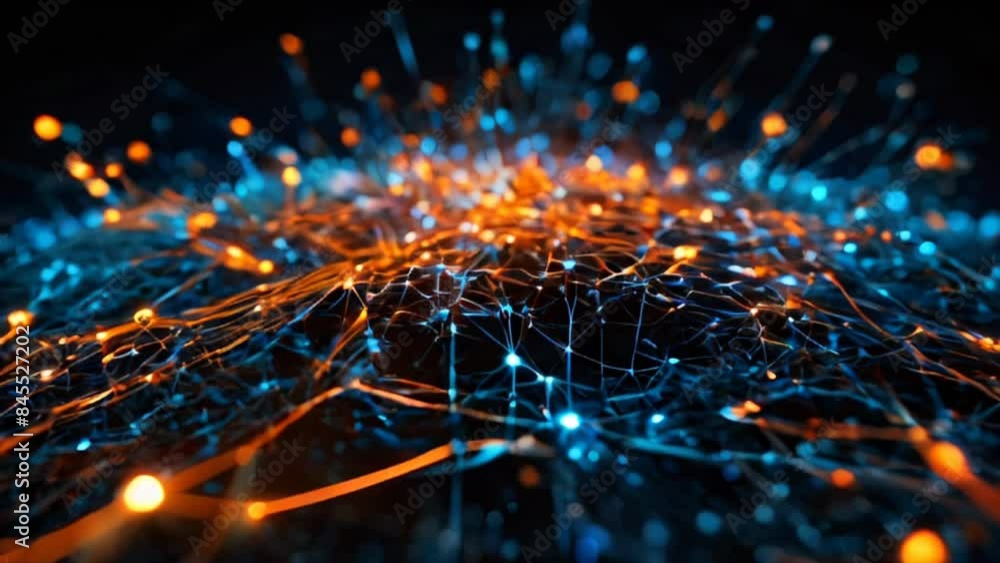 Poster abstract visualization of dynamic neural network with blue and orange connections, creating futurist